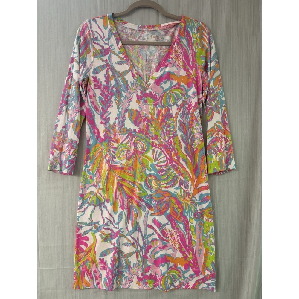 Lilly Pulitzer Pima Cotton V-Neck Dress 3/4 Sleeve Pink Orange Coral  Medium